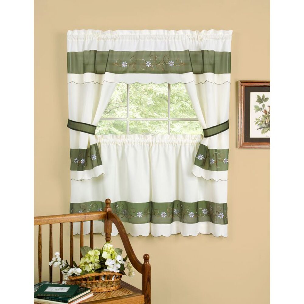 Berkshire Window Kitchen Curtains 3-Piece Embellished Cottage Set - 56" (W) x